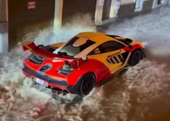 McLaren Senna drives through the flooded streets of Malta